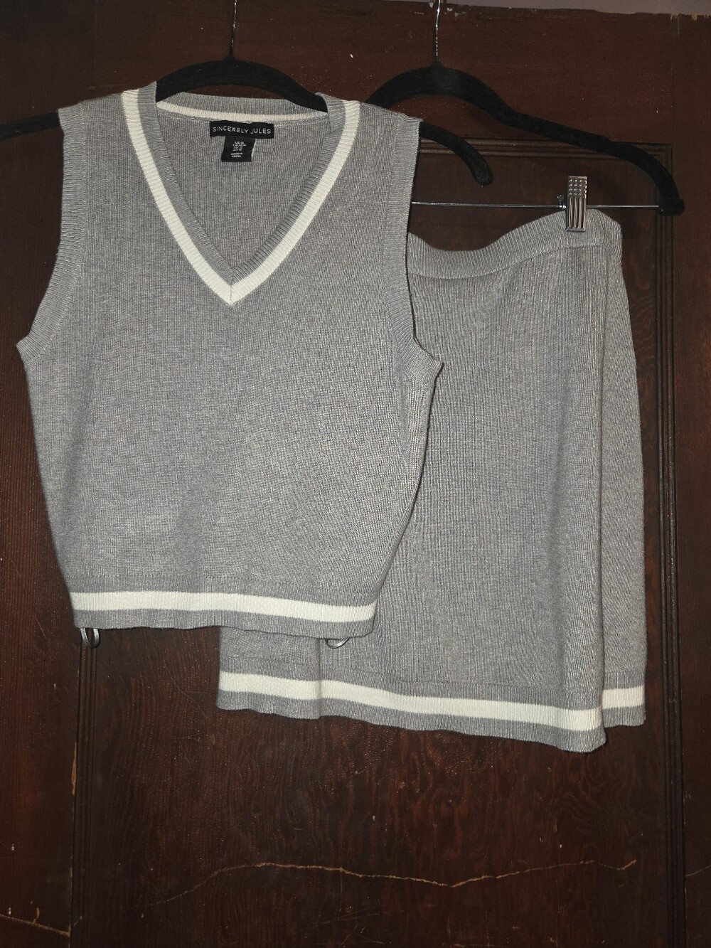 Sincerly Jules Gray Knit V-Neck Vest and Skirt Set with White Trim